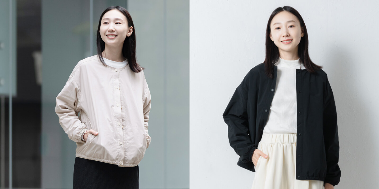 AH-1011 レディースノーカラーウォームジャケット モデル着用画像